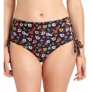 California Waves Black Floral High Waisted Lattice Bikini Bottoms - S